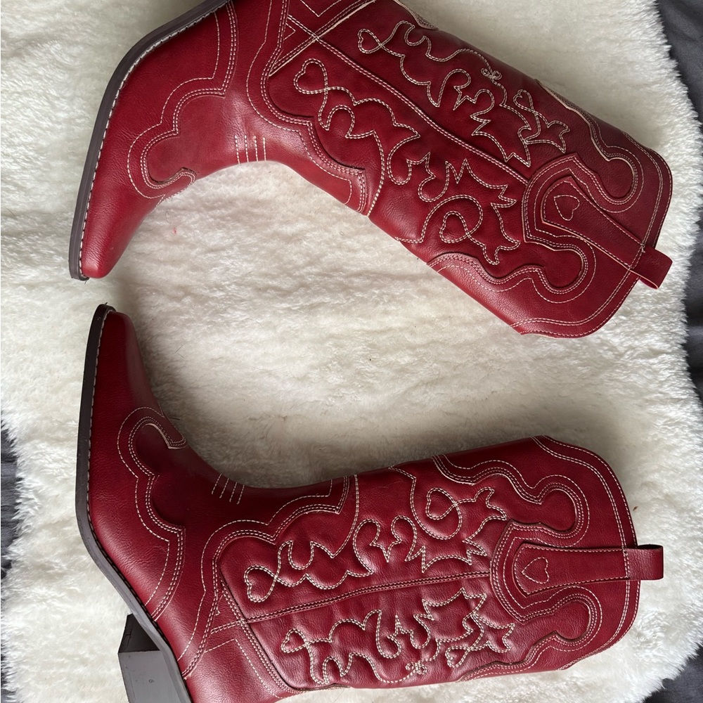 Forever 21 Red Embroidered Heeled Boots